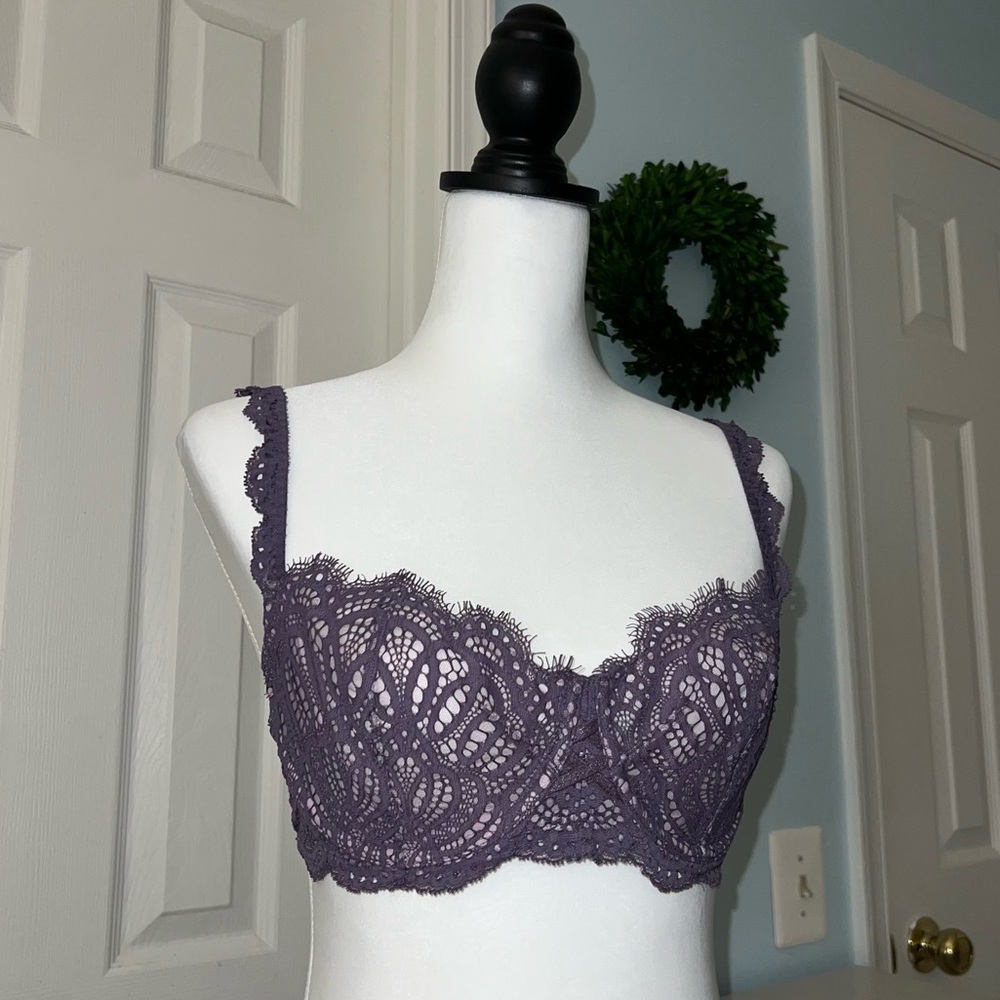 Victoria Secret Purple Balconette bra with sheer lace and illusion nude underlay